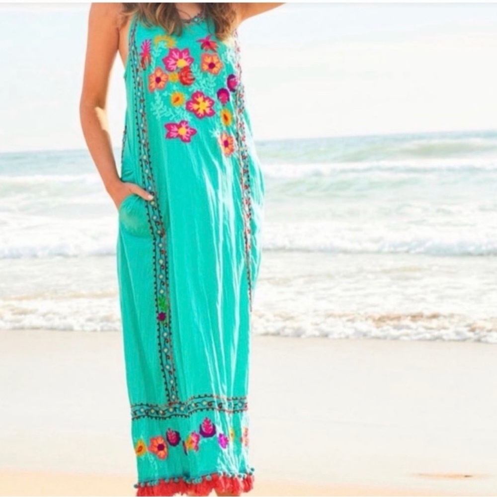 LULA SOUL Floral Embroidered Teal Boho Maxi Dress Size Medium